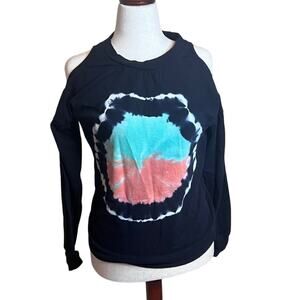 Volcom black cold shoulder sweatshirt with orange and blue tie dye design Sz M